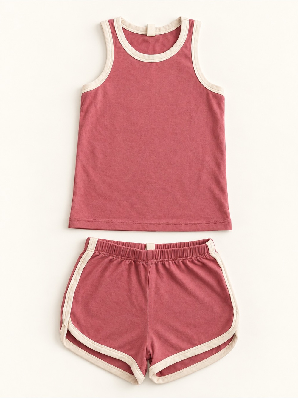 Retro Tank Top & Shorts track Set - Rose with Cream Trim